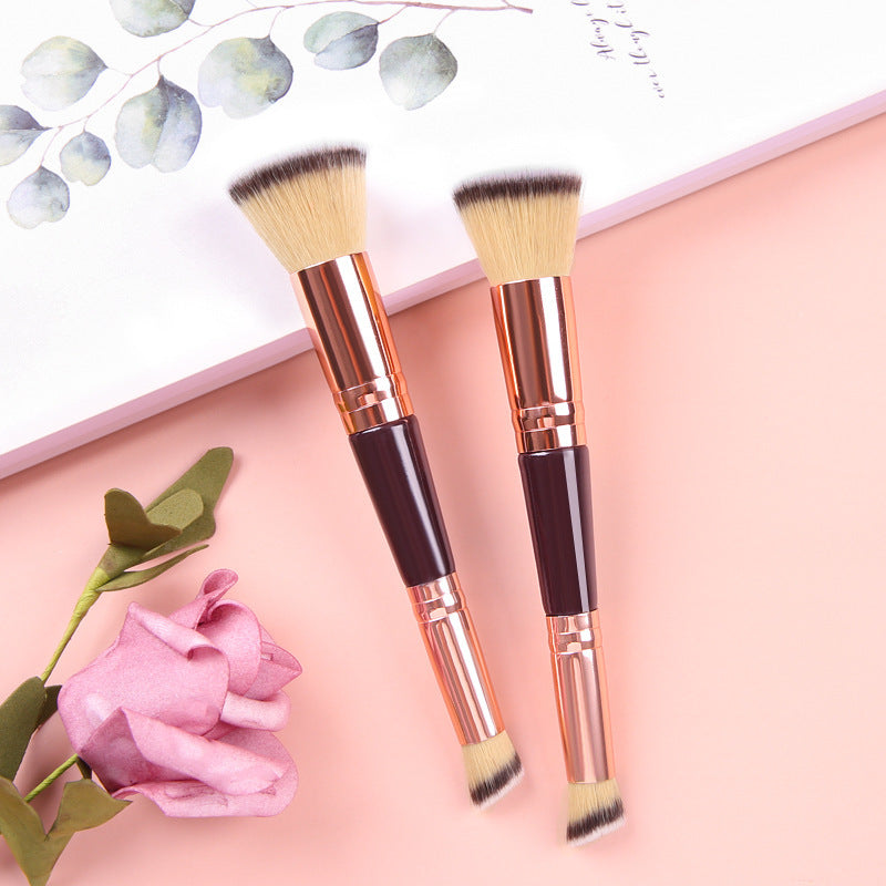 Double-headed Wooden Handle Makeup Flat Head Powder Foundation Brush