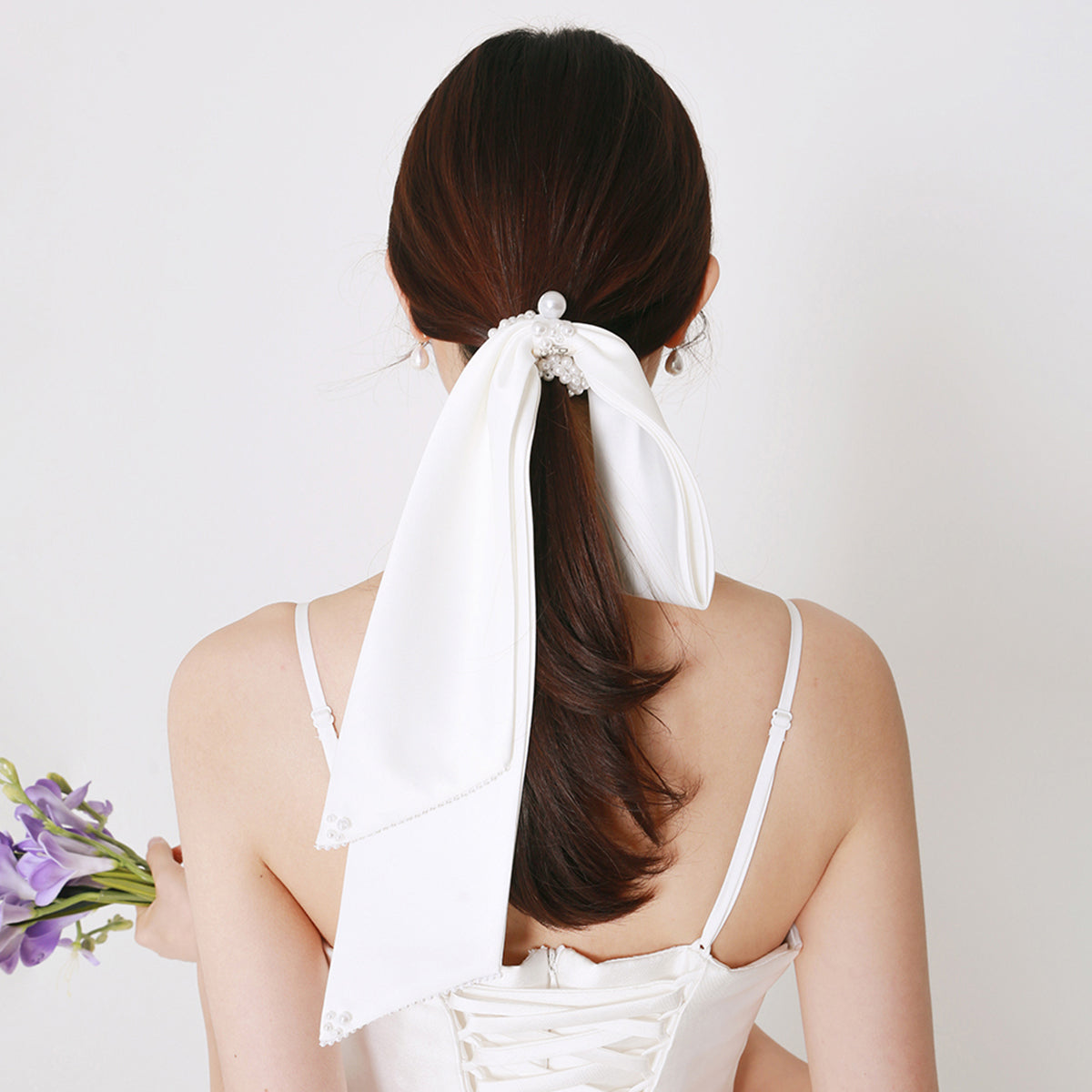 Handmade Simple White Satin Pearl Bow Hair Loop