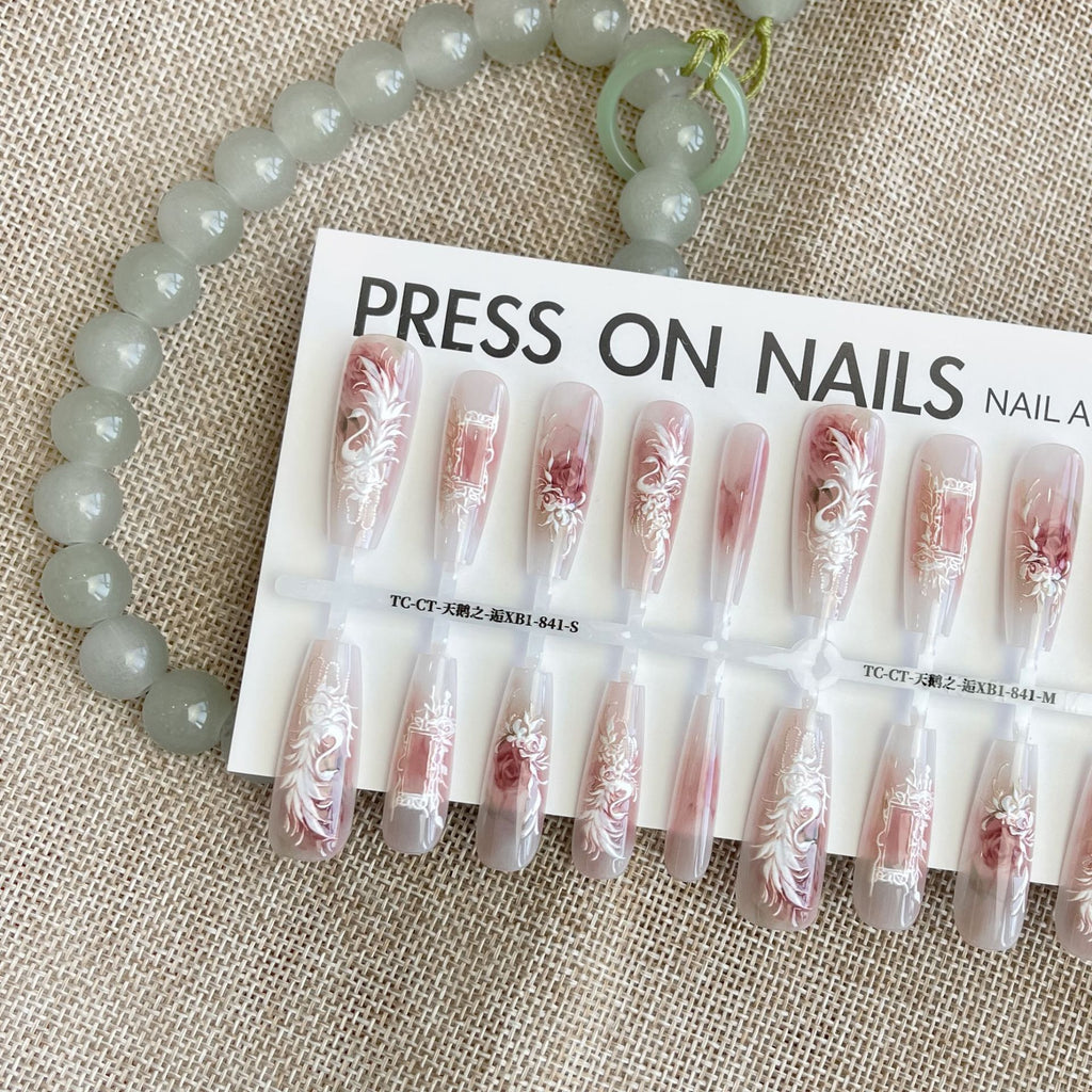 Press On Nails New Chinese Style Antique Swan Comfort Embroidery Wear Nail Tip