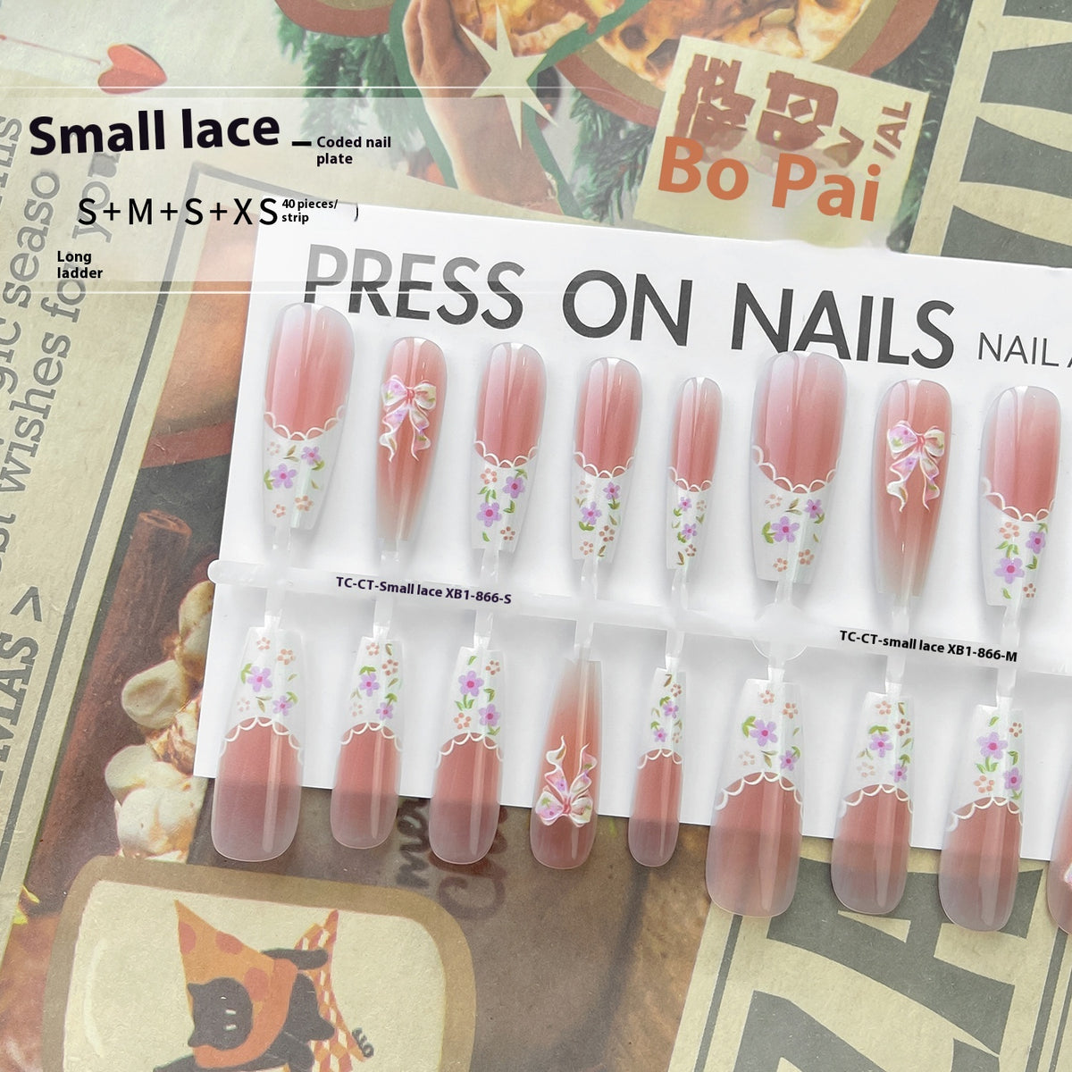 Press On Nails Small Floral Wear Prefabricated Nail Tip Long Ladder Velvet Seal Layer White