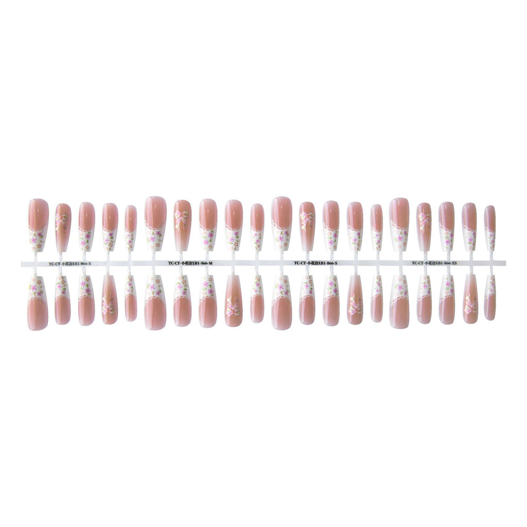 Press On Nails Small Floral Wear Prefabricated Nail Tip Long Ladder Velvet Seal Layer White