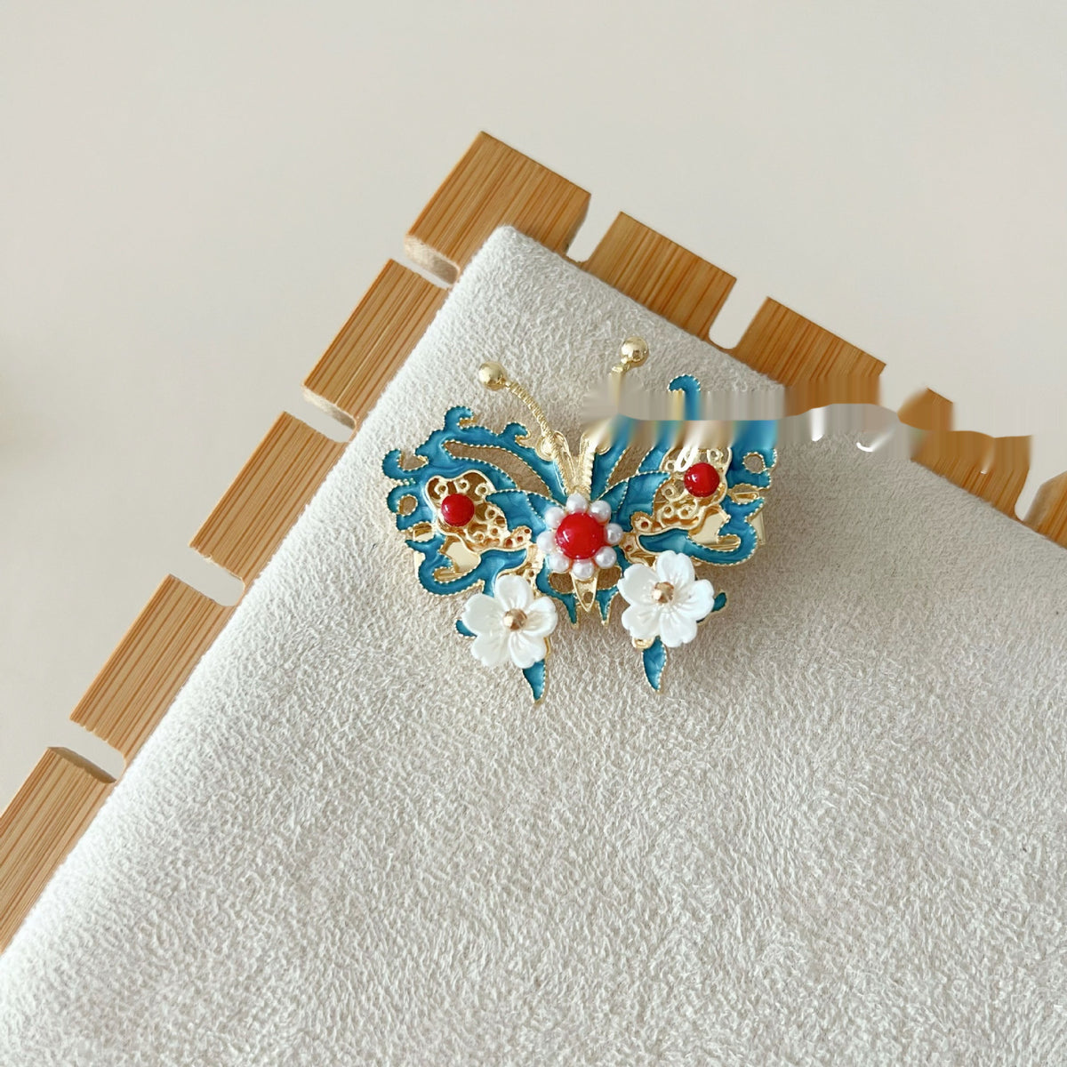 Antique Burning Blue Auspicious Cloud Pearl Butterfly Barrettes Fringed Headwear