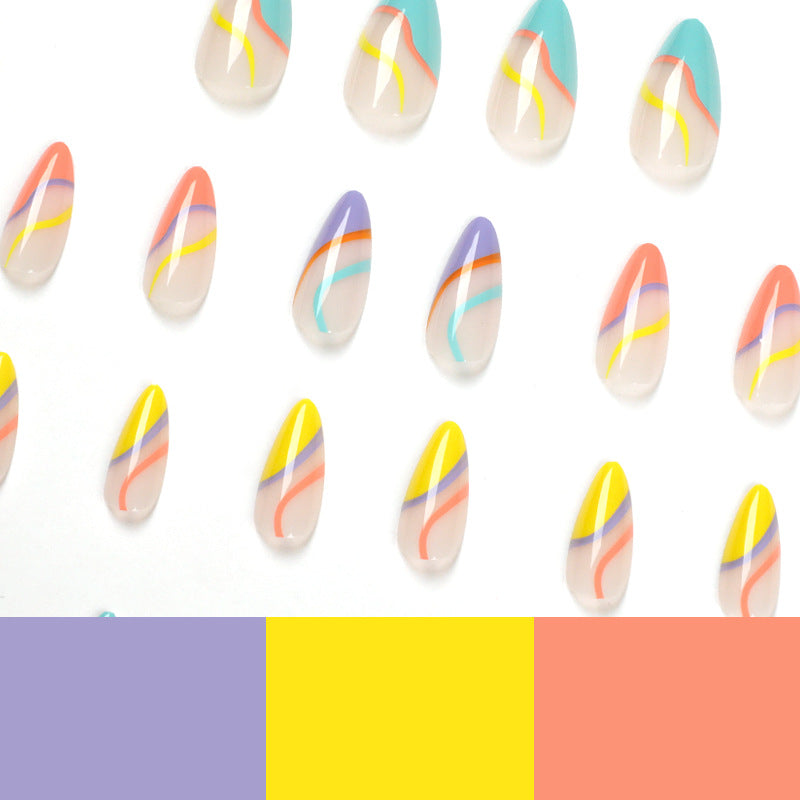 Nail Tips Wearable Nail French Rainbow Line Patch Nail Polish Wearable Nail Sticker Finished Product Detachable Nail Nail