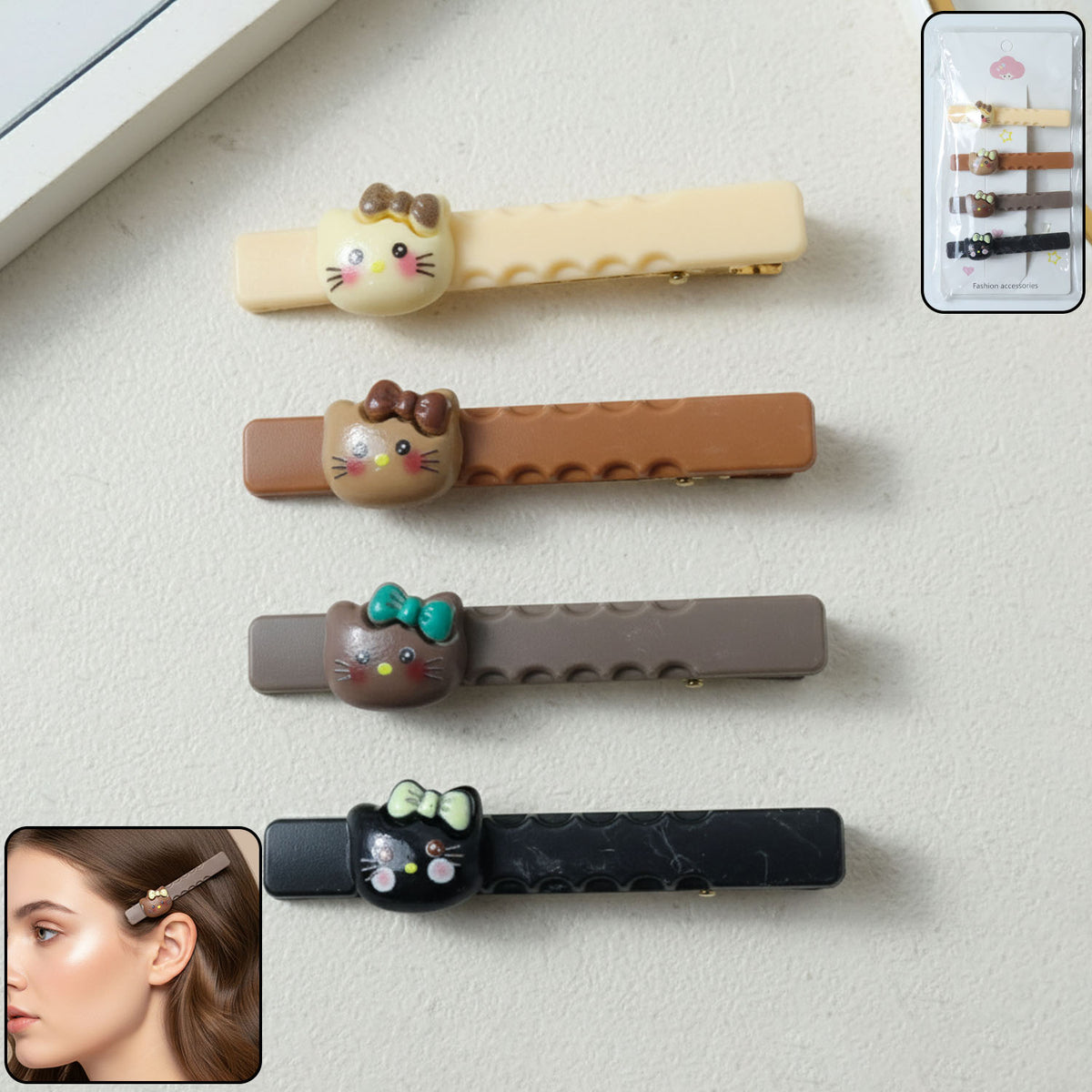 Cute Cartoon Cat Design Hair Clips Set (4 Pc)