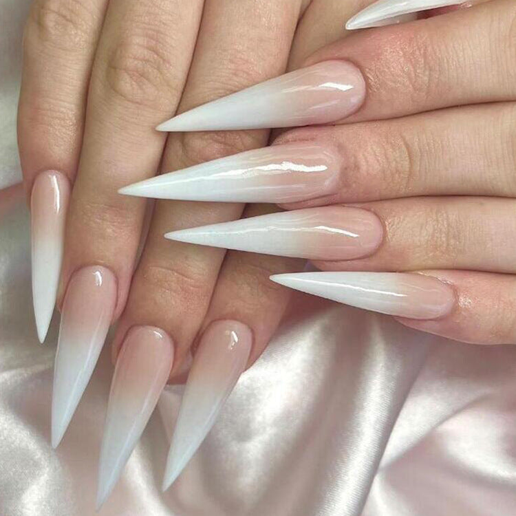 Milky White Pink Gradient Long Drop Shape Fake Nail Patch