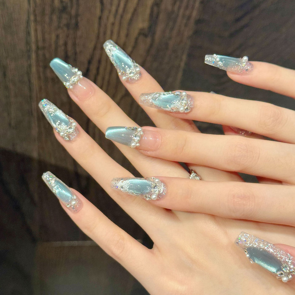 Ice-transparent Blue Crystal Cat-eye Pearl Brightening Nail Stickers