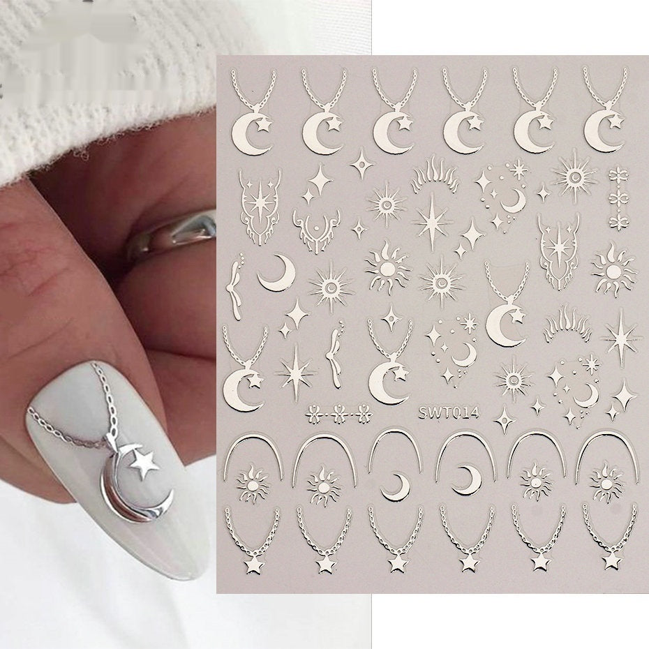 Silver Stamping Nail Sticker Wind Star Moon Heart-shape Lock Necklace