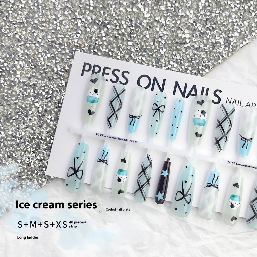 Press On Pretty Summer Sweet Cool Ins Style Ice Cream French Glossy Sealing Layer Nail Sticker