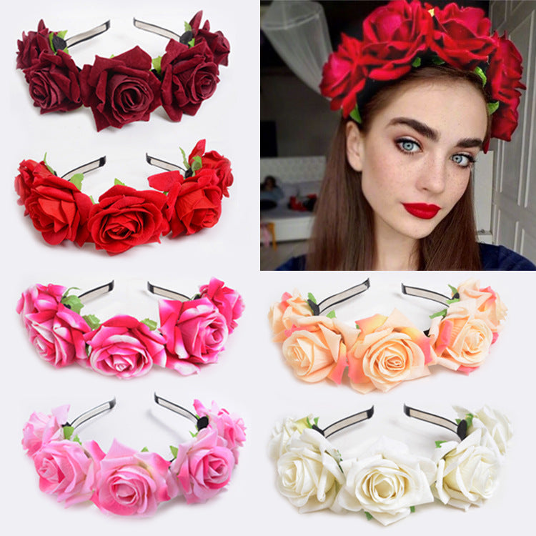 New velvet simulation rose flower wreath headband seaside holiday shooting hair accessories