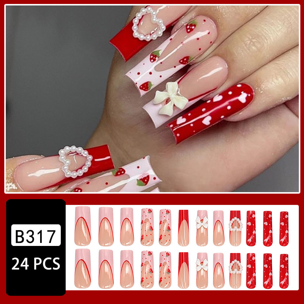Sweet Hot Girl Long Heart Bowknot Strawberry ting Nail Sticker