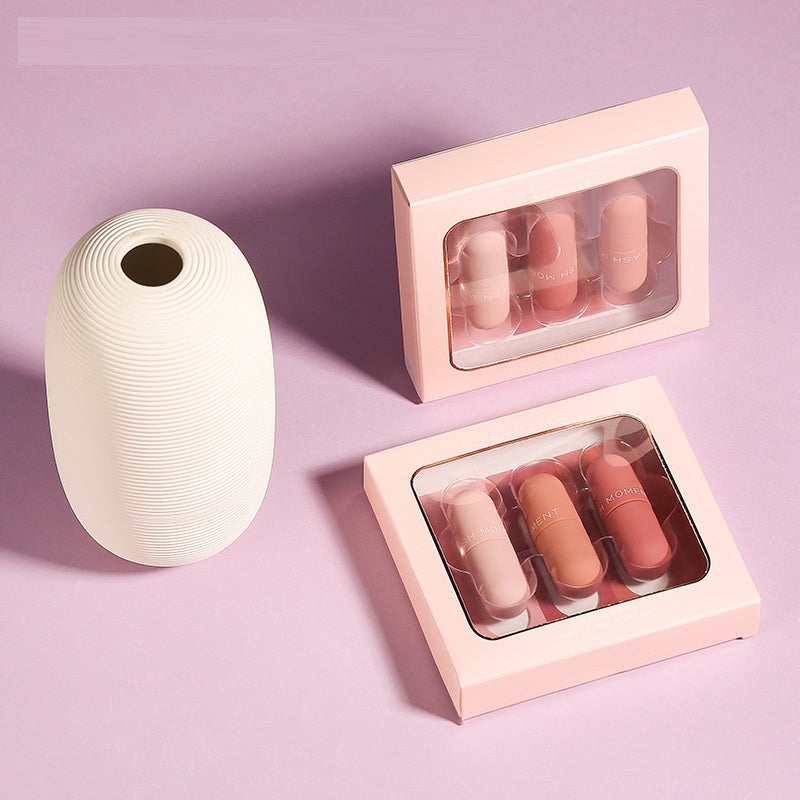 Flash Moment Mini Capsule Lip Lacquer Mirror Matte Velvet Three Series Lip Lacquer Suit Color Rendering Moisturizing No Stain On Cup