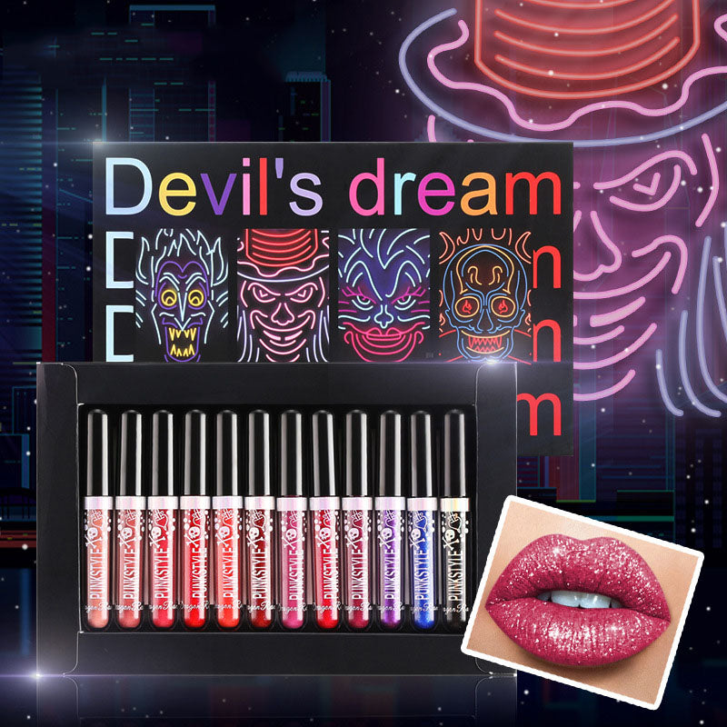 Devil's Dream 12Pcs Liquid Lipstick Set Halloween Makeup Diamond Symphony Lip Gloss Long Lasting Moisturizing Lip Glaze Glitter Cosmetic