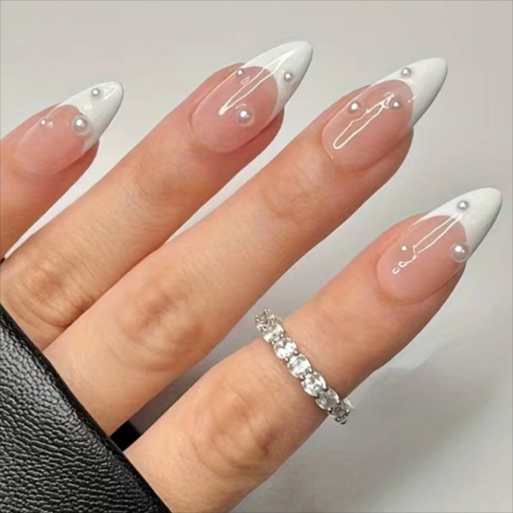 Mid-length French White Edge Pearl Nail Beauty Patch Removable