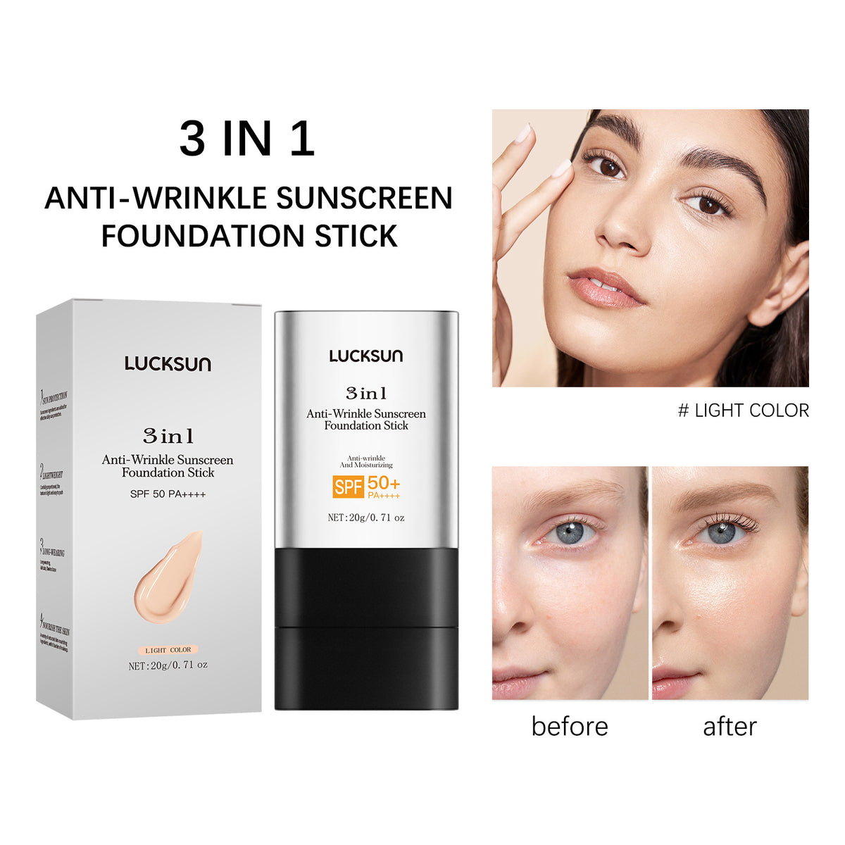 Luckson Three-in-one Anti-wrinkle Natural Long Lasting Concealer UV Protection Foundation Cream