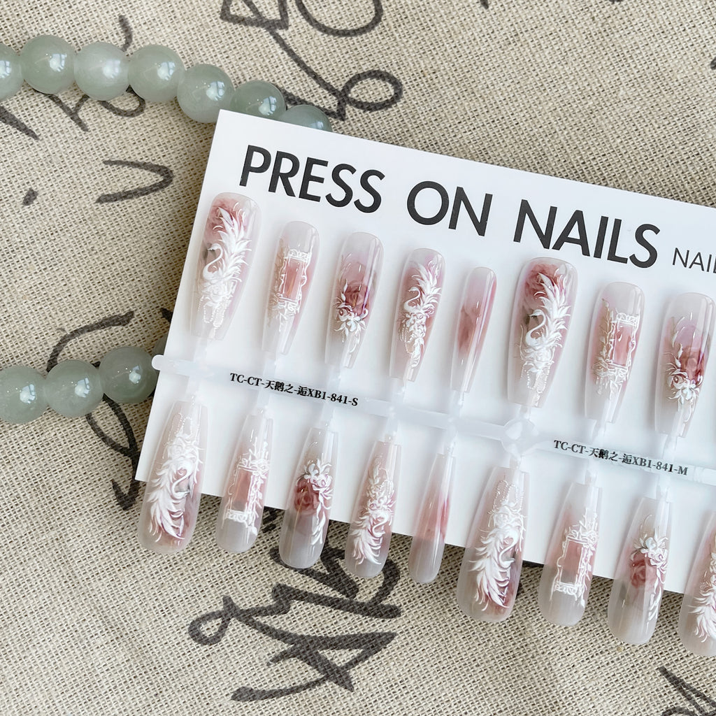 Press On Nails New Chinese Style Antique Swan Comfort Embroidery Wear Nail Tip