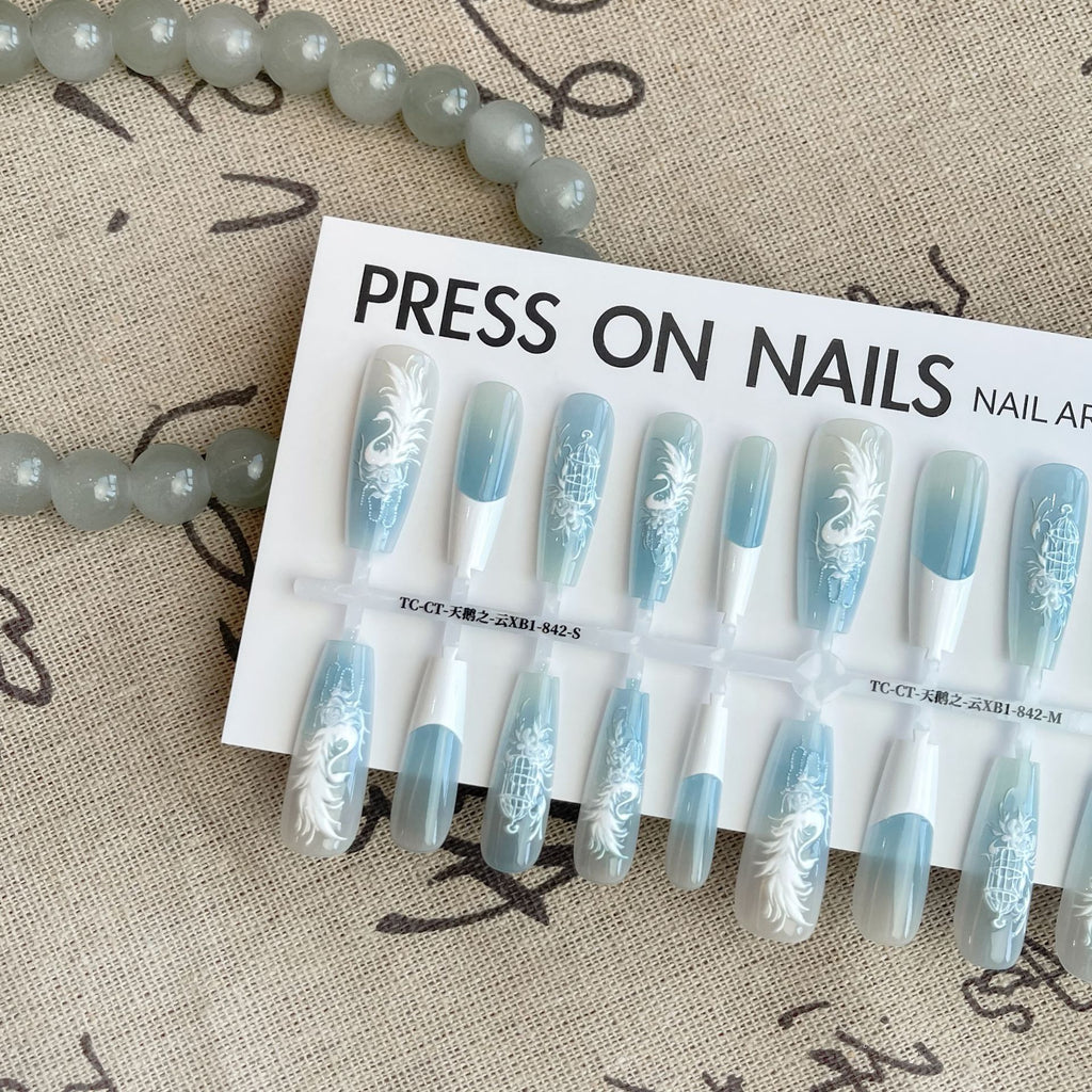 Press On Nails New Chinese Style Antique Swan Comfort Embroidery Wear Nail Tip