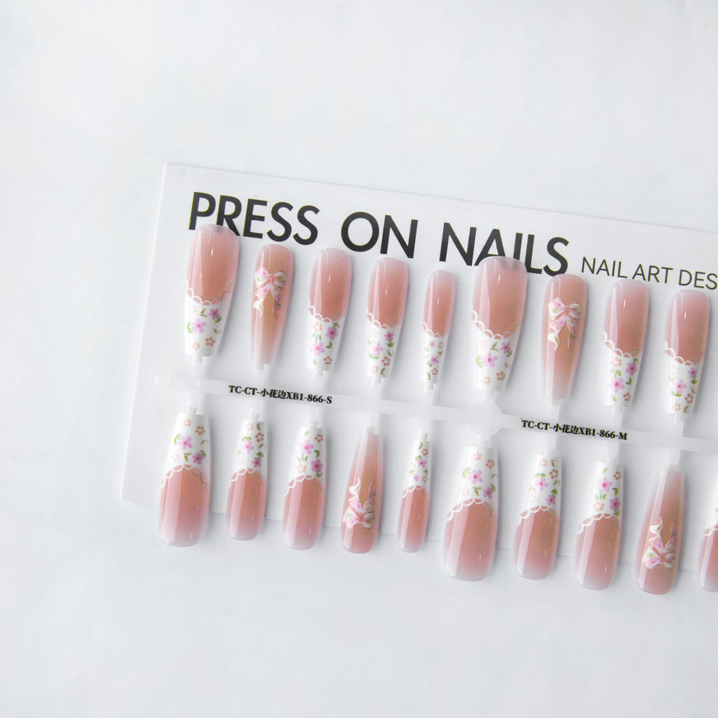 Press On Nails Small Floral Wear Prefabricated Nail Tip Long Ladder Velvet Seal Layer White