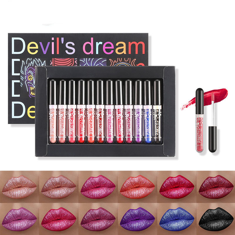 Devil's Dream 12Pcs Liquid Lipstick Set Halloween Makeup Diamond Symphony Lip Gloss Long Lasting Moisturizing Lip Glaze Glitter Cosmetic