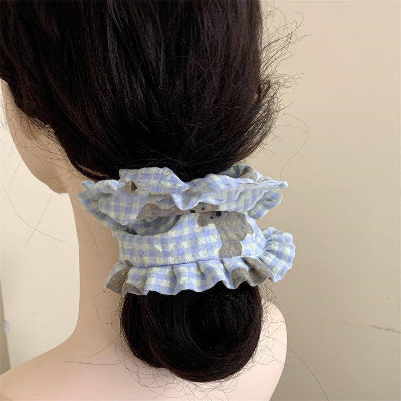 Japanese And Korean Milk Sweet Wafer Plaid Bear Large Intestine Hair Ring