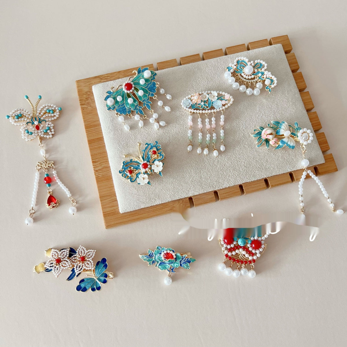 Antique Burning Blue Auspicious Cloud Pearl Butterfly Barrettes Fringed Headwear