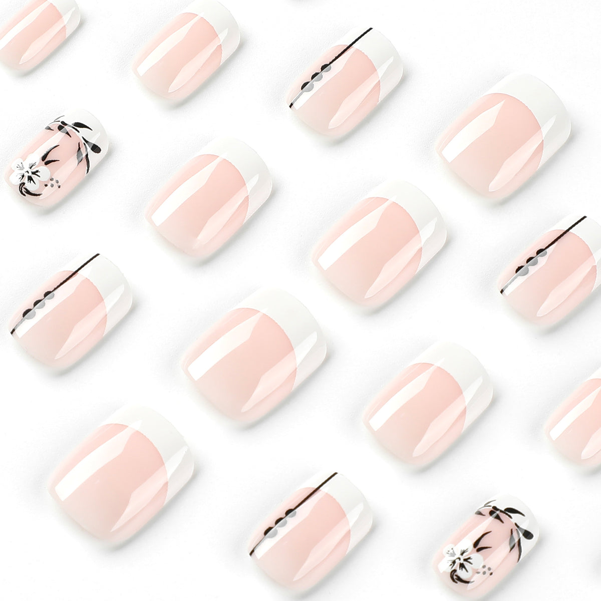 French Flower Black Leaf Short Manicure Wear Nail Tip