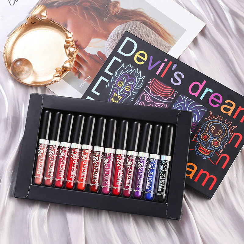 Devil's Dream 12Pcs Liquid Lipstick Set Halloween Makeup Diamond Symphony Lip Gloss Long Lasting Moisturizing Lip Glaze Glitter Cosmetic