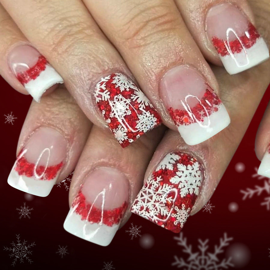 Short Glossy Square Nail New Christmas Manicure White French Style