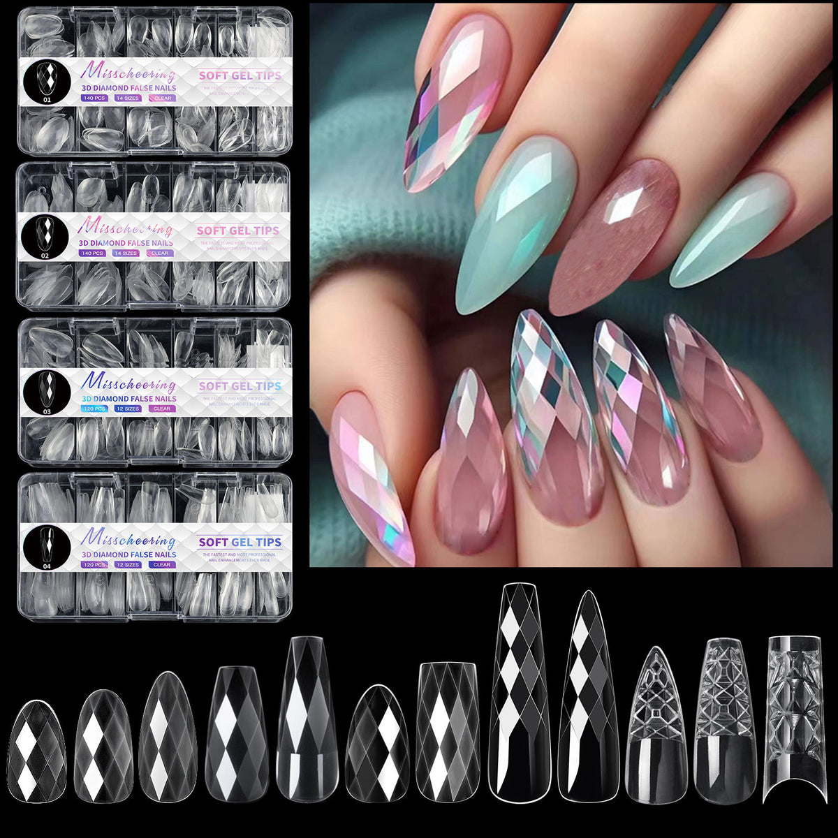 Misscheering 3D Diamond Wear Long Shaping Nail Tip