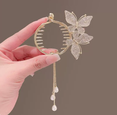 Double Butterfly High Ponytail Buckle Hairpin Female Tassel Headdress Grab Clip