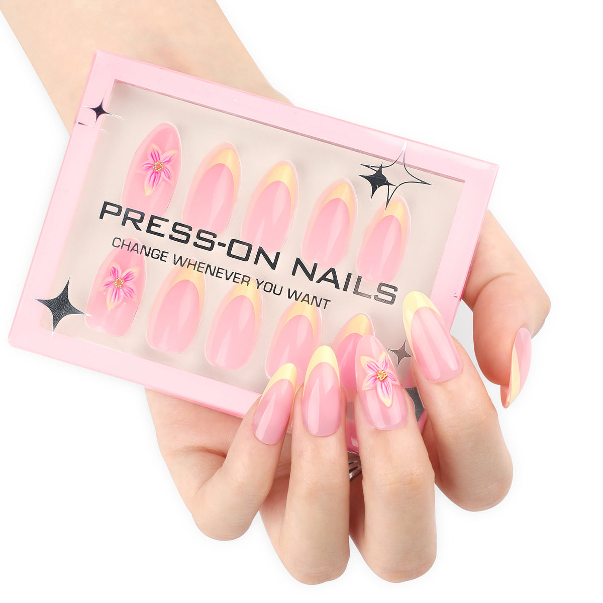 Press On Nails Three-dimensional Flower Manicure Nail Shaped Piece French Yellow