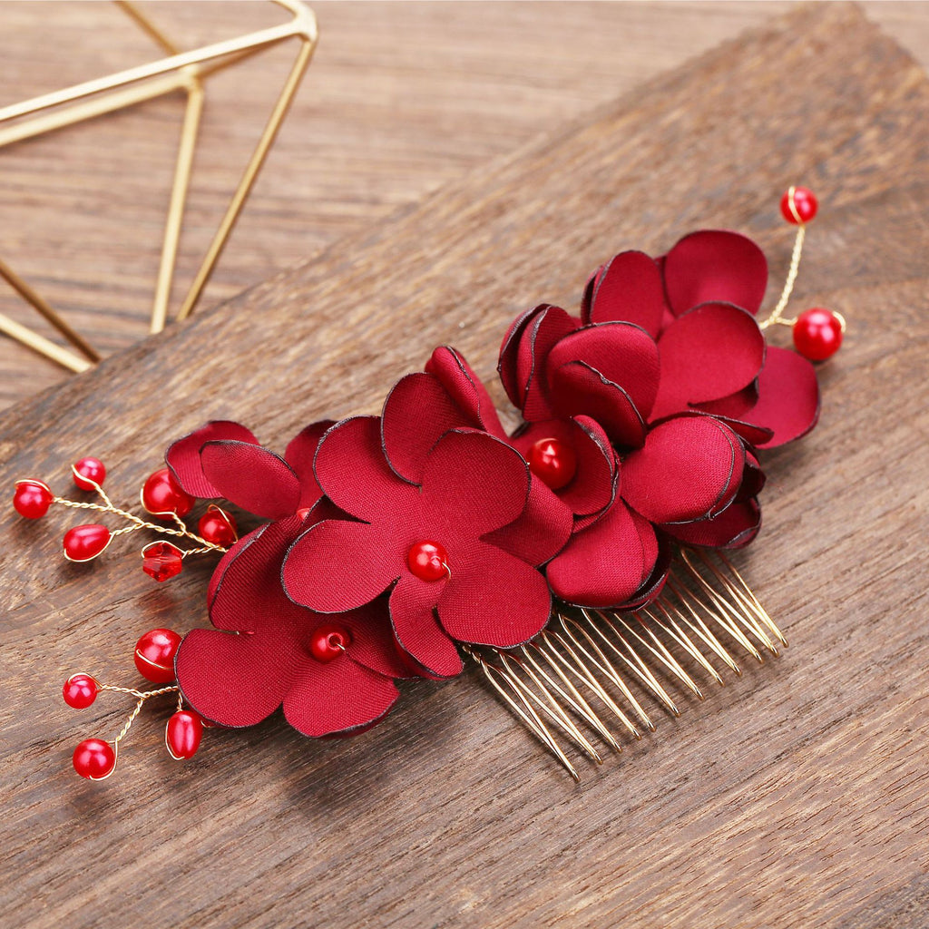 Bride Flower Fabric Pearl Hair Comb Accessories