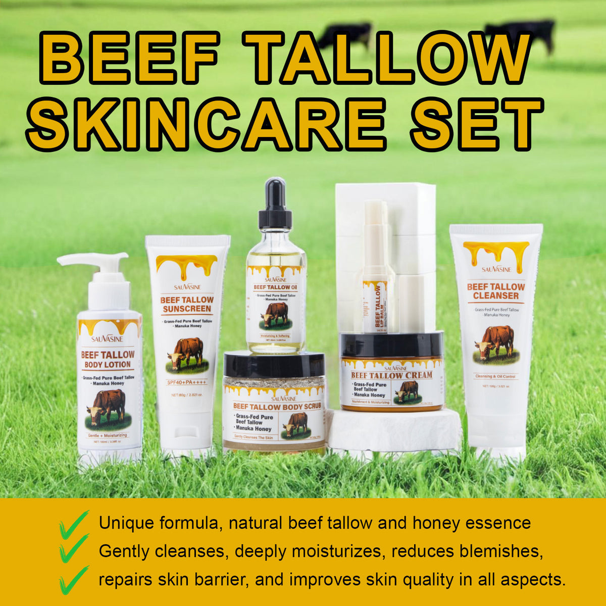 Sauvasine Butter Honey Seven-piece Facial Cleanser Face Cream Lipstick Protective Cream Body Lotion Facial Scrub Beef Fat Set