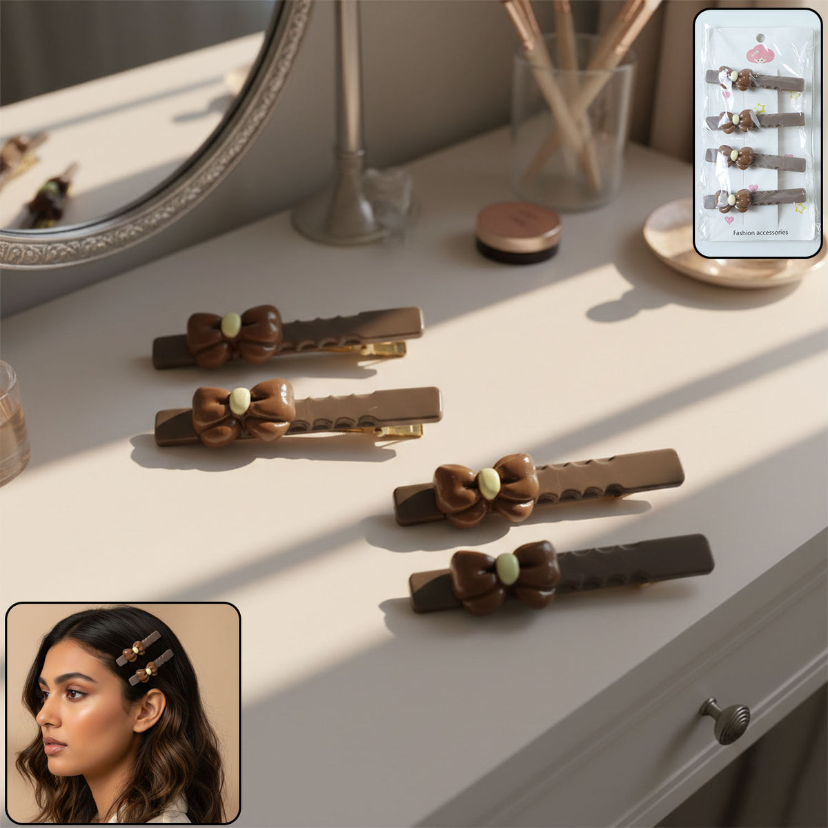 Elegant Bow Design Decorative Hair Clips Set (4 Pc)