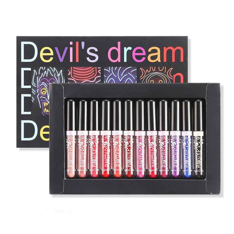 Devil's Dream 12Pcs Liquid Lipstick Set Halloween Makeup Diamond Symphony Lip Gloss Long Lasting Moisturizing Lip Glaze Glitter Cosmetic