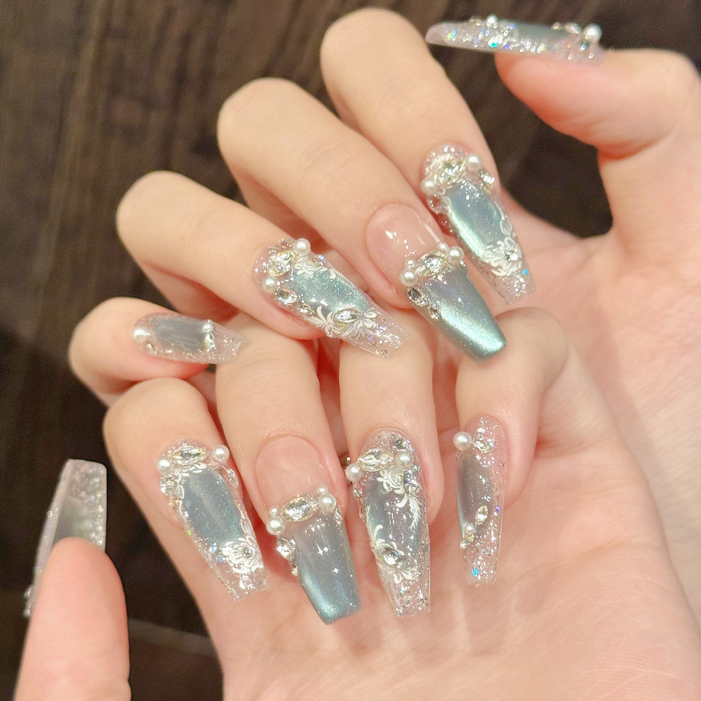 Ice-transparent Blue Crystal Cat-eye Pearl Brightening Nail Stickers