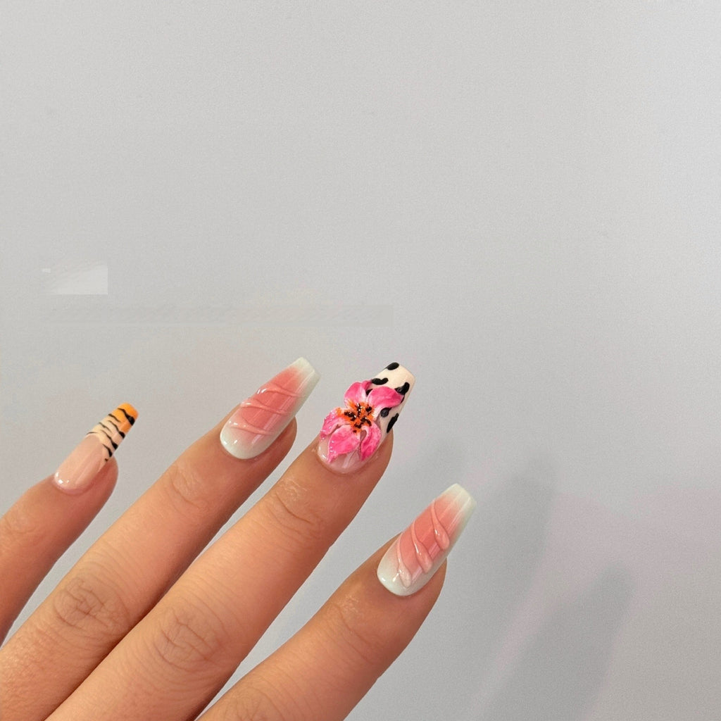 Zebra Pattern Lily Hand Carving Nail Art