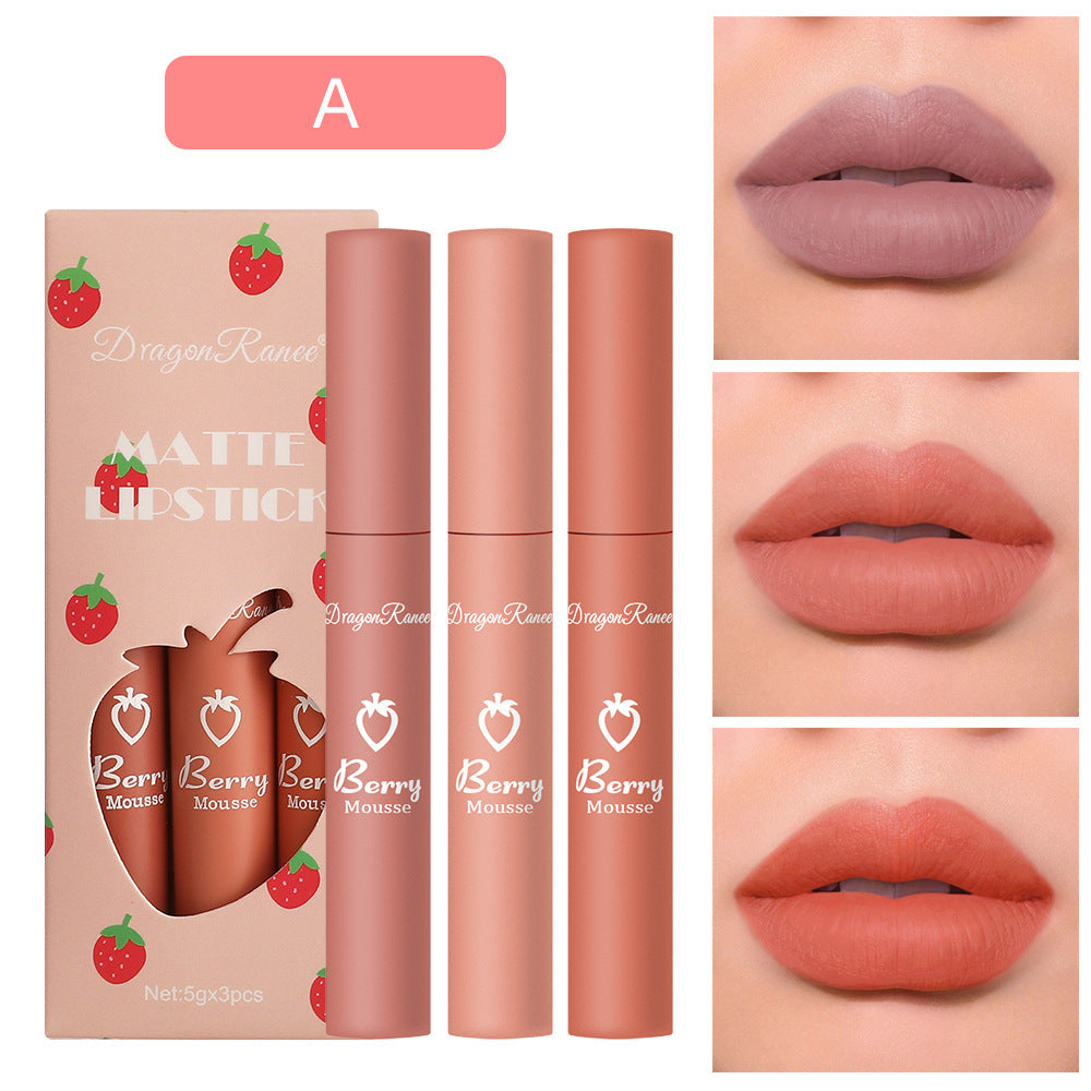 Dragon Ranee 3 Strawberry Set Box Velvet Mist Matte Lip Glaze Lipstick