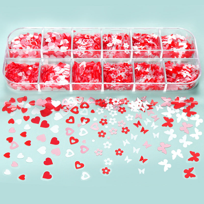 12-grid Long Boxed Mixed Nail Ornament Butterfly Plum Sequins
