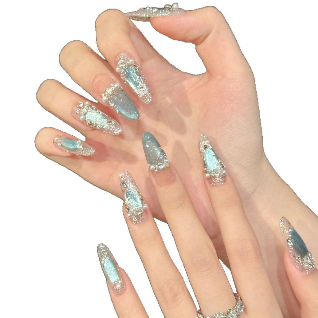 Ice-transparent Blue Crystal Cat-eye Pearl Brightening Nail Stickers