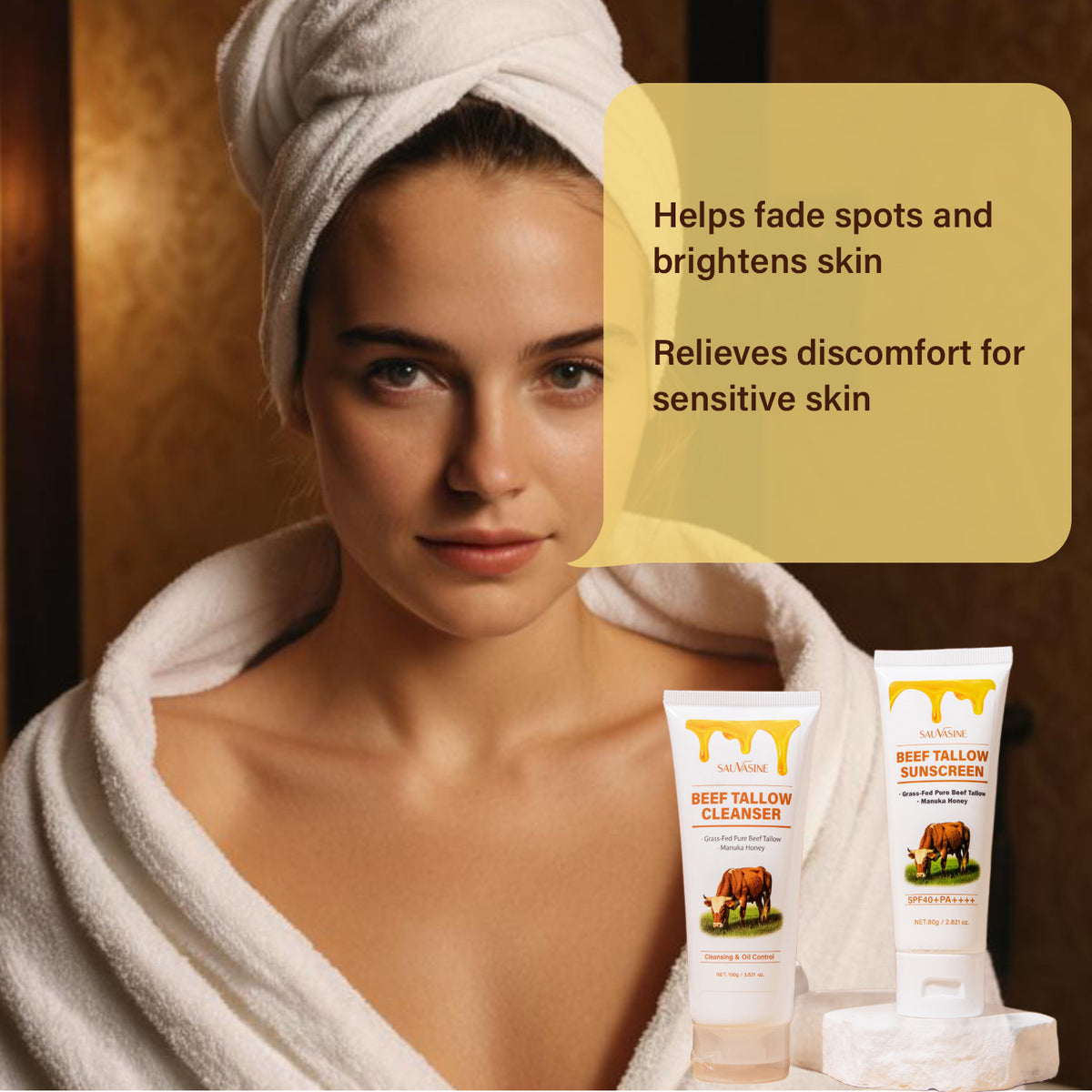 Sauvasine Butter Honey Seven-piece Facial Cleanser Face Cream Lipstick Protective Cream Body Lotion Facial Scrub Beef Fat Set