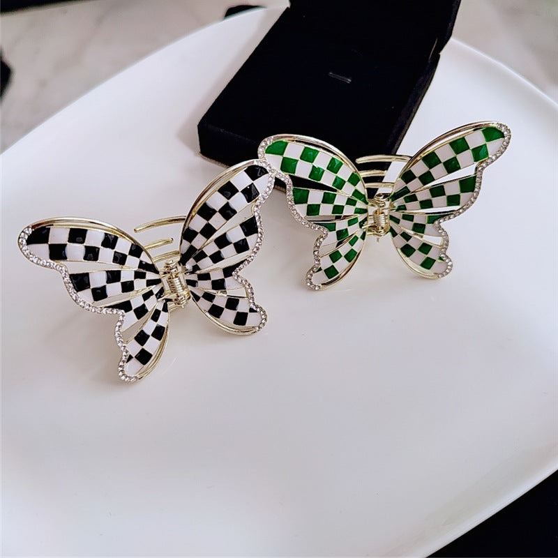 Fashion Design Pleated Black And White Checkerboard Butterfly Hair Clip