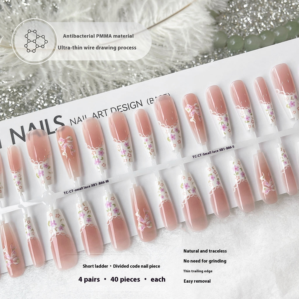 Press On Nails Small Floral Wear Prefabricated Nail Tip Long Ladder Velvet Seal Layer White