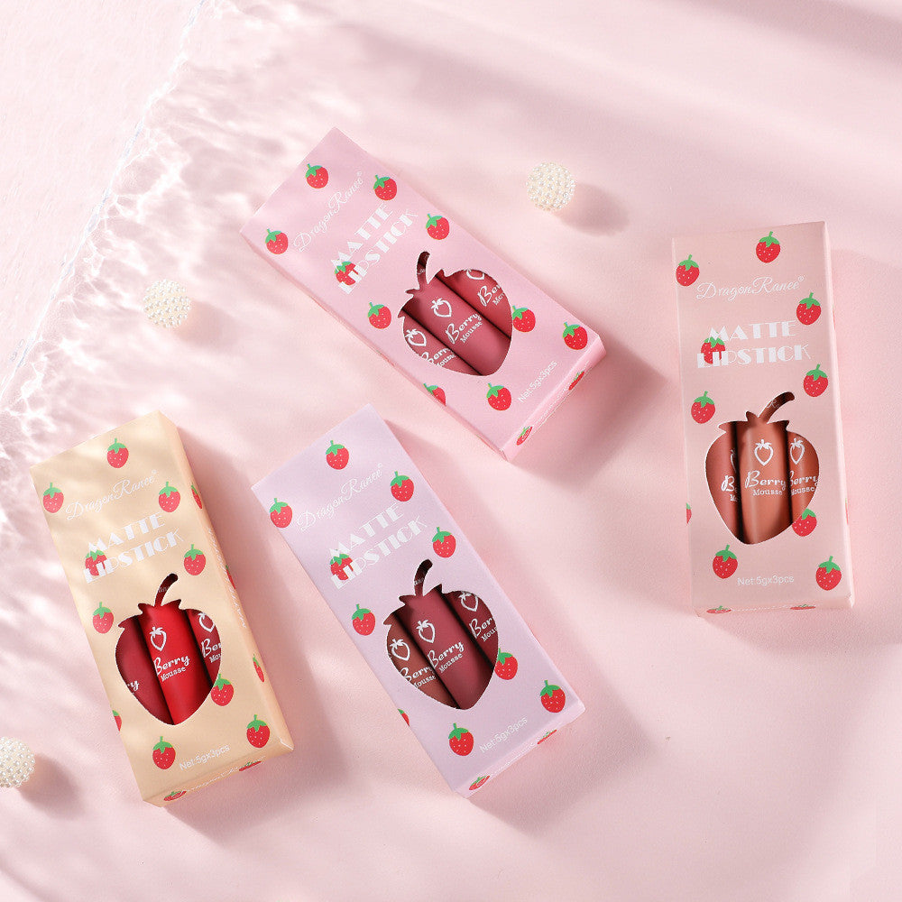 Dragon Ranee 3 Strawberry Set Box Velvet Mist Matte Lip Glaze Lipstick