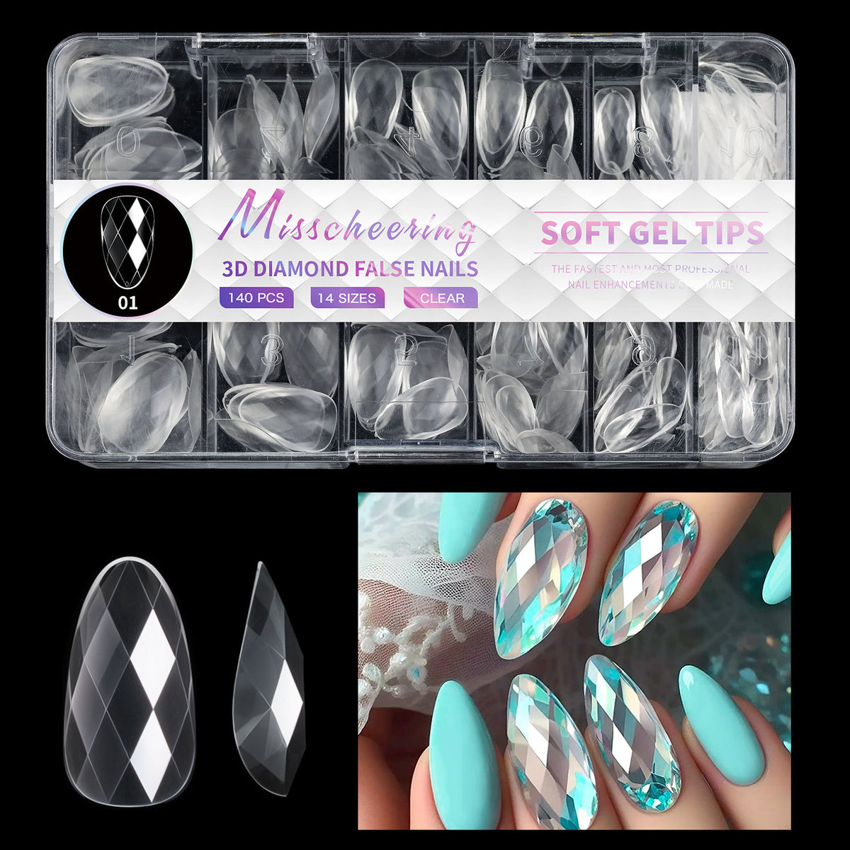 Misscheering 3D Diamond Wear Long Shaping Nail Tip