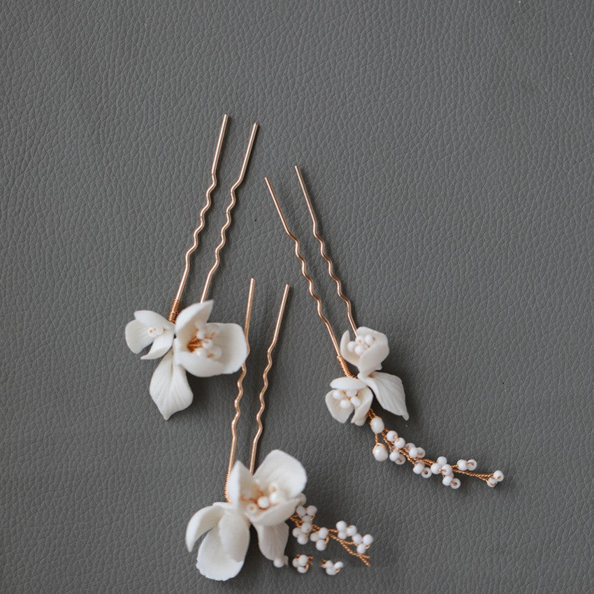 Handmade Ceramic Flower Beaded Hair Fork