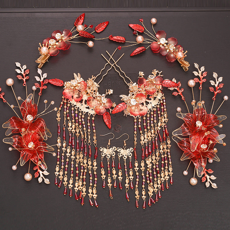 Classical Red Flower Liquid Ancient Style Headdress Fringed Hair Crown Bridal Hair Accessories