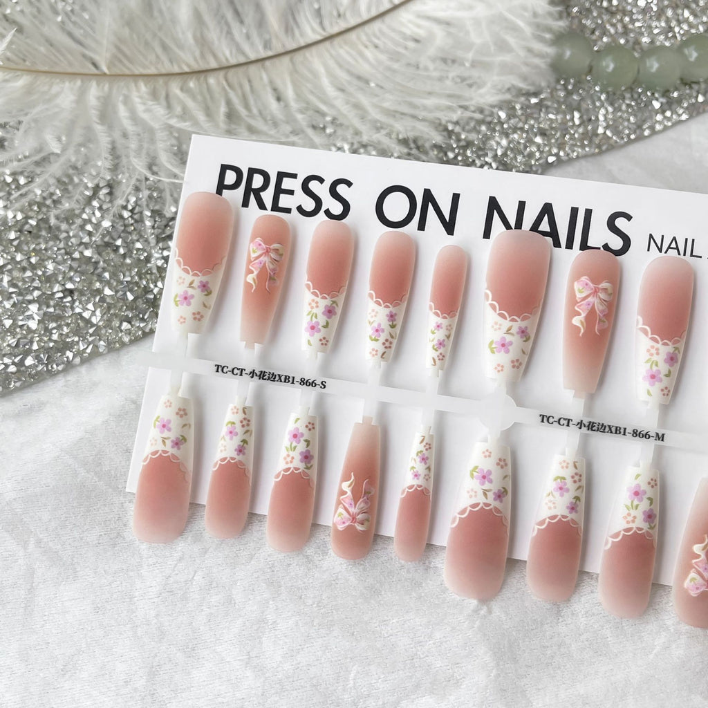 Press On Nails Small Floral Wear Prefabricated Nail Tip Long Ladder Velvet Seal Layer White