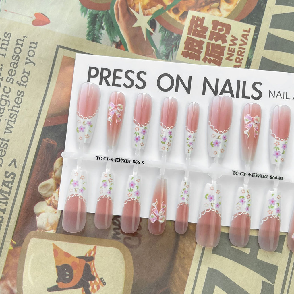 Press On Nails Small Floral Wear Prefabricated Nail Tip Long Ladder Velvet Seal Layer White