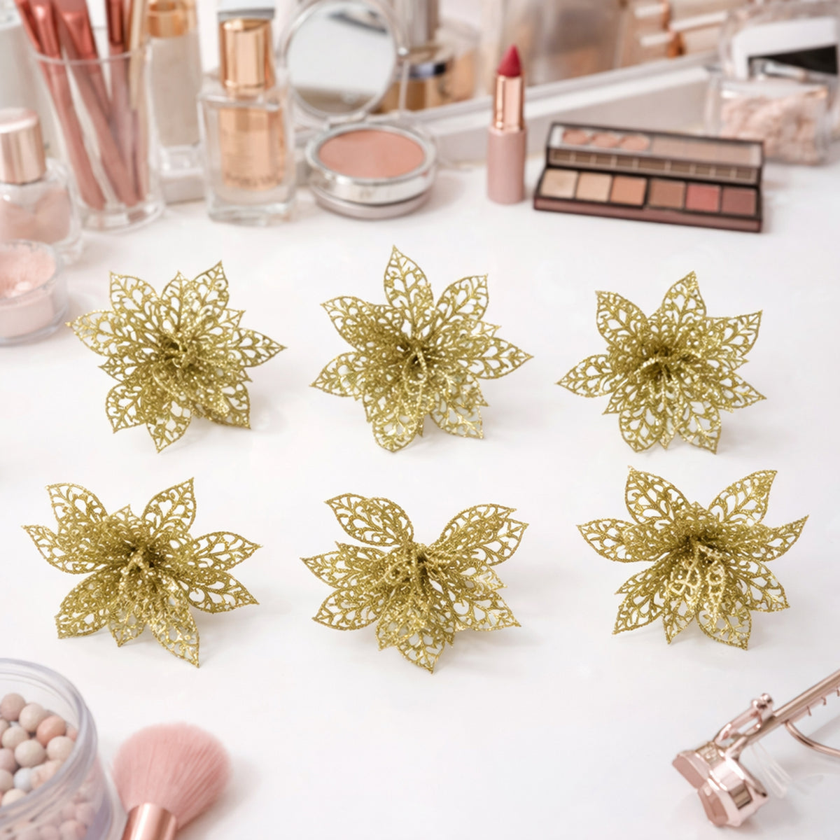 Glitter Flower Hair Clip Set (6 Pc Mix Color Set)